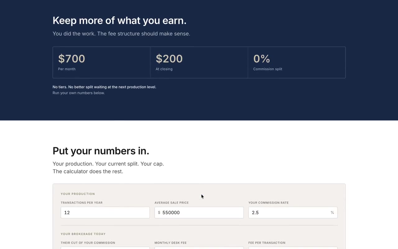The agent site and its fee calculator.